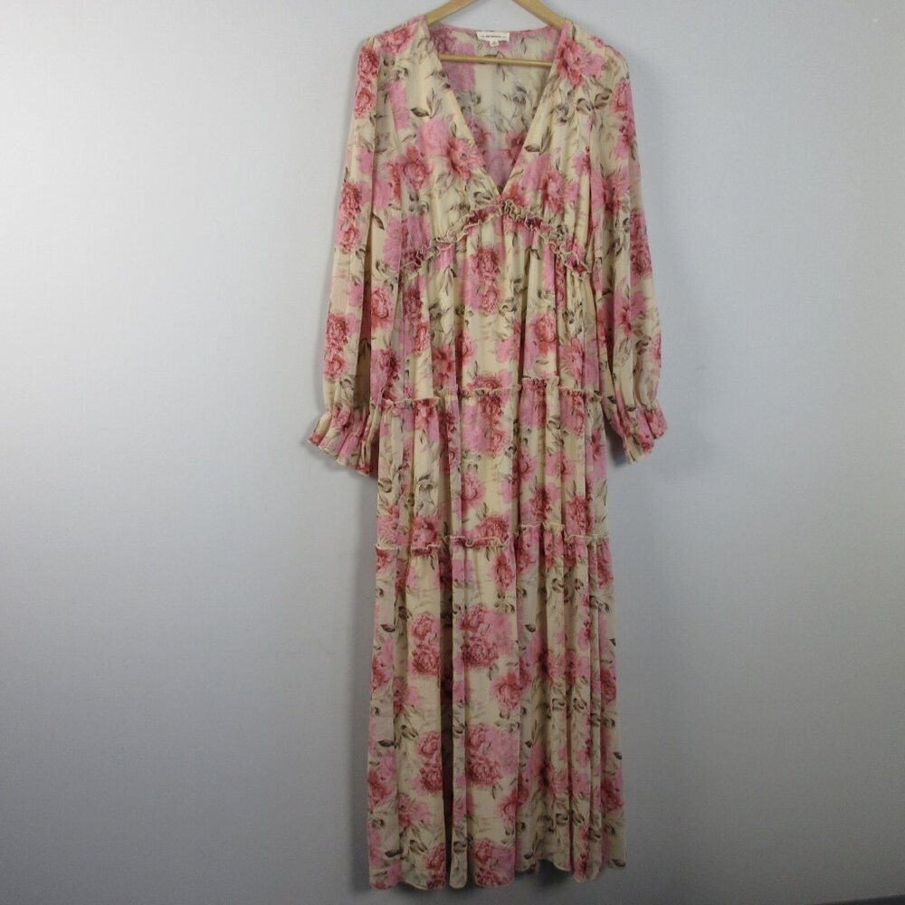 eeSome Ruffle Maxi Dress M Pink Floral Tiered V Neck Long Sleeve Beach Boho 558